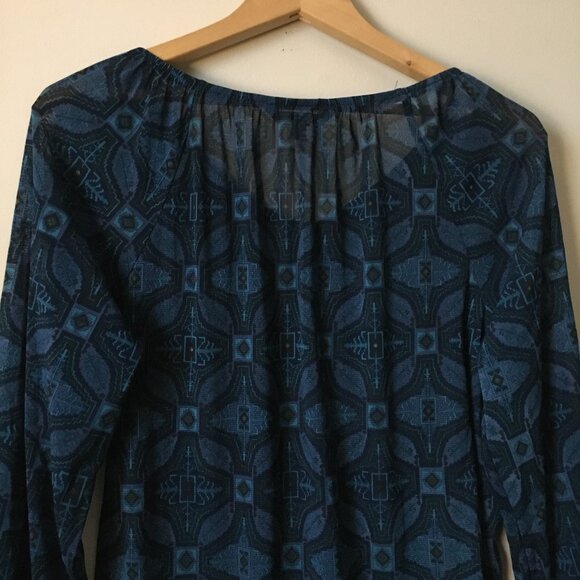 Moody Blue Semi Sheer V-neck Tribal Boho Blouse - Picture 6 of 15